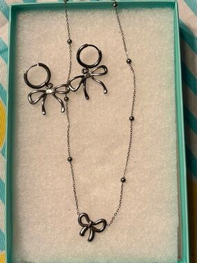 J Bloom Bow Pendant Necklace and Hoop Bow Earrings- Silver Women Jewelry